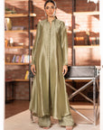 Khushboo & Pankaj Olive Satin Pleated Suit Set with Dupatta