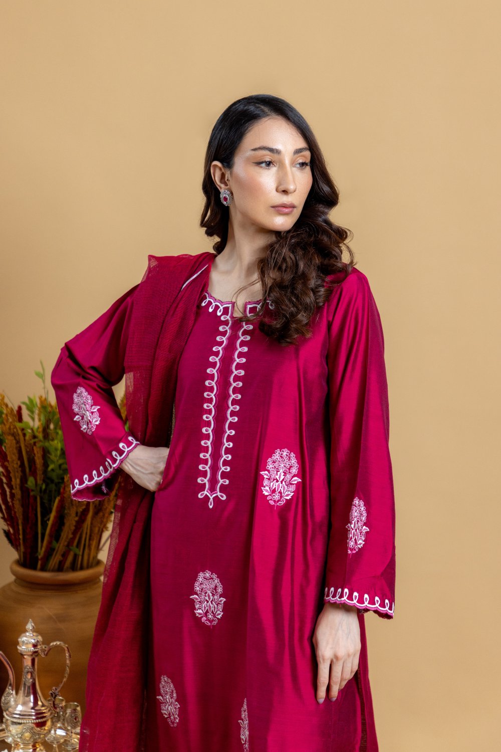 Khushboo &amp; Pankaj Ruby Red Embroidered Kurta Set with Dupatta