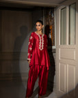 Khushboo & Pankaj Crimson Silk Embroidered Kurta Set with Tulip Pants