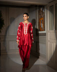 Khushboo & Pankaj Crimson Silk Embroidered Kurta Set with Tulip Pants