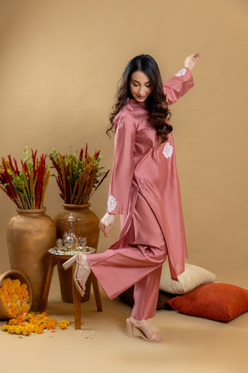 Khushboo &amp; Pankaj Rose Sand Embroidered Kurta Palazzo Set
