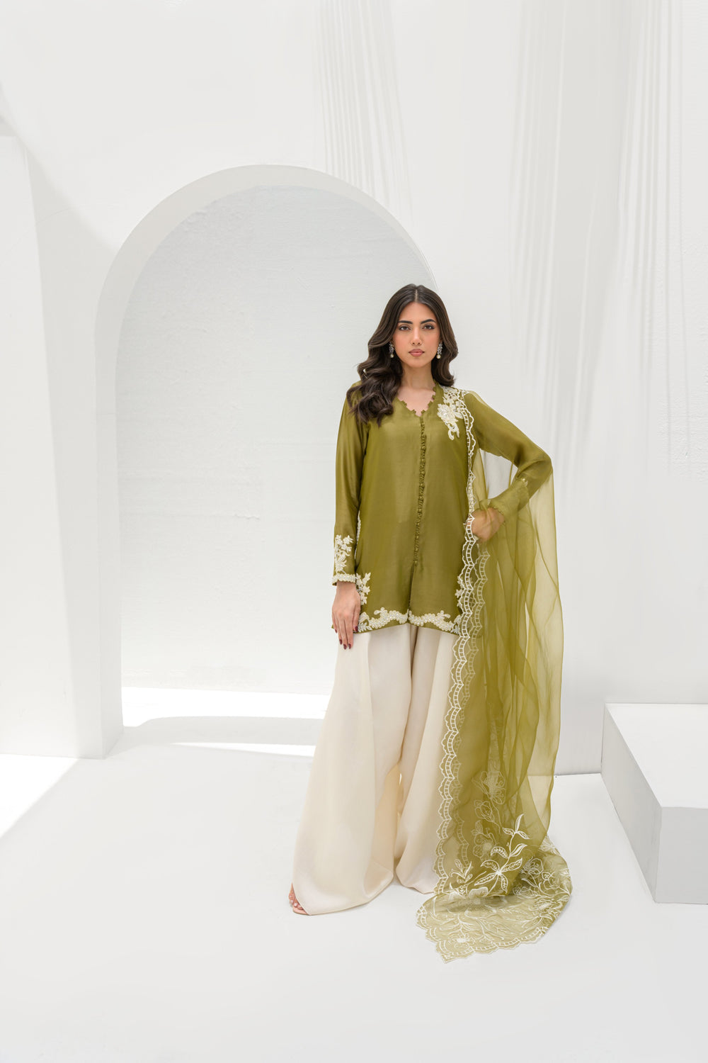 Khushboo &amp; Pankaj Olive Silk Embroidered Kurta Palazzo Suit Sets