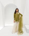 Khushboo & Pankaj Olive Silk Embroidered Kurta Palazzo Suit Sets
