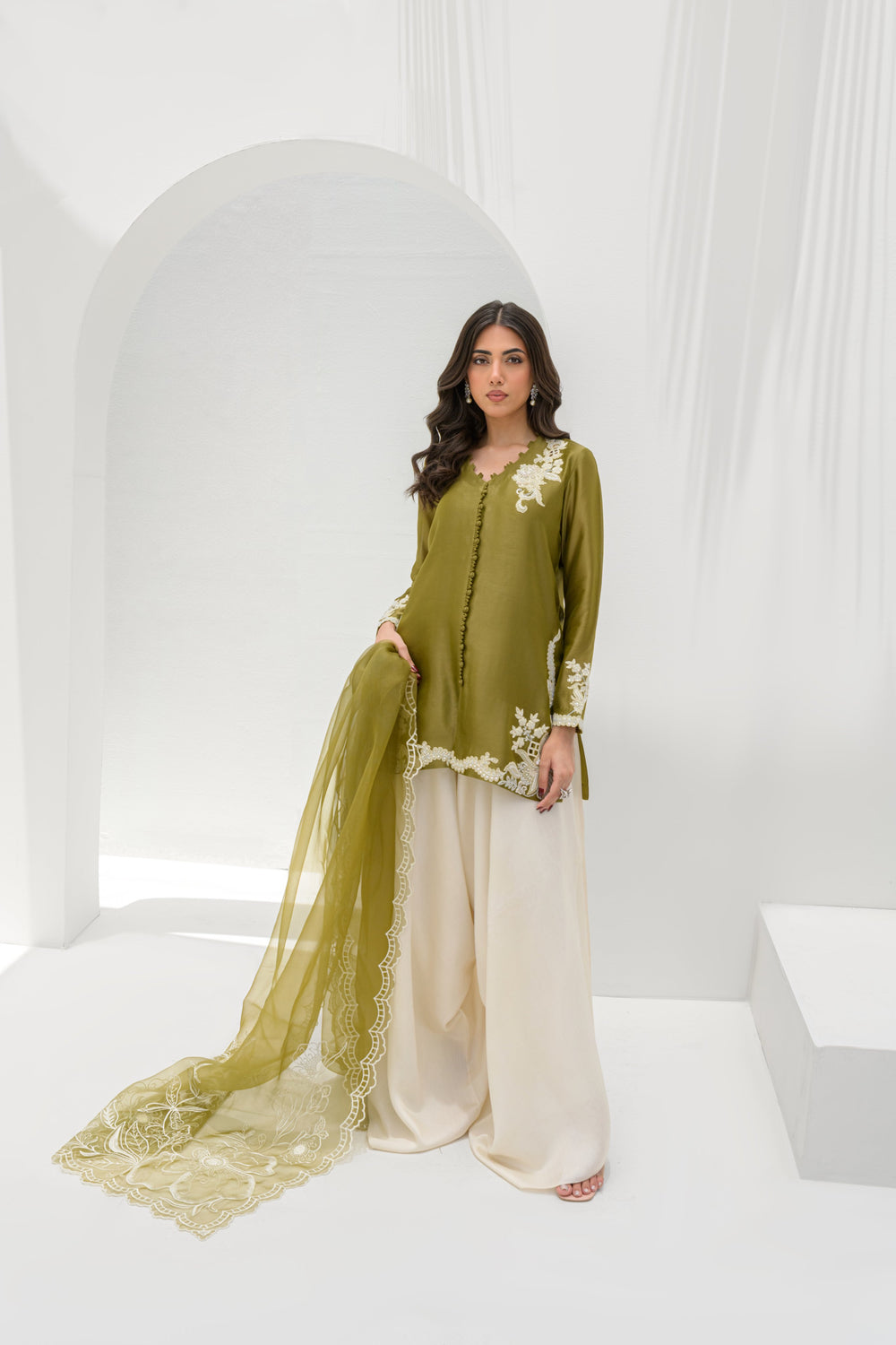 Khushboo &amp; Pankaj Olive Silk Embroidered Kurta Palazzo Suit Sets