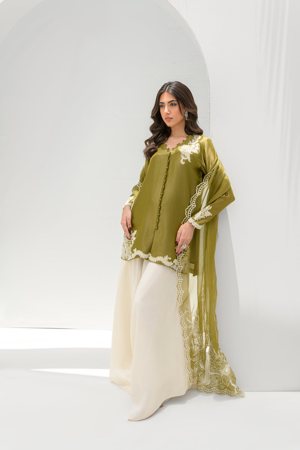 Khushboo &amp; Pankaj Olive Silk Embroidered Kurta Palazzo Suit Sets