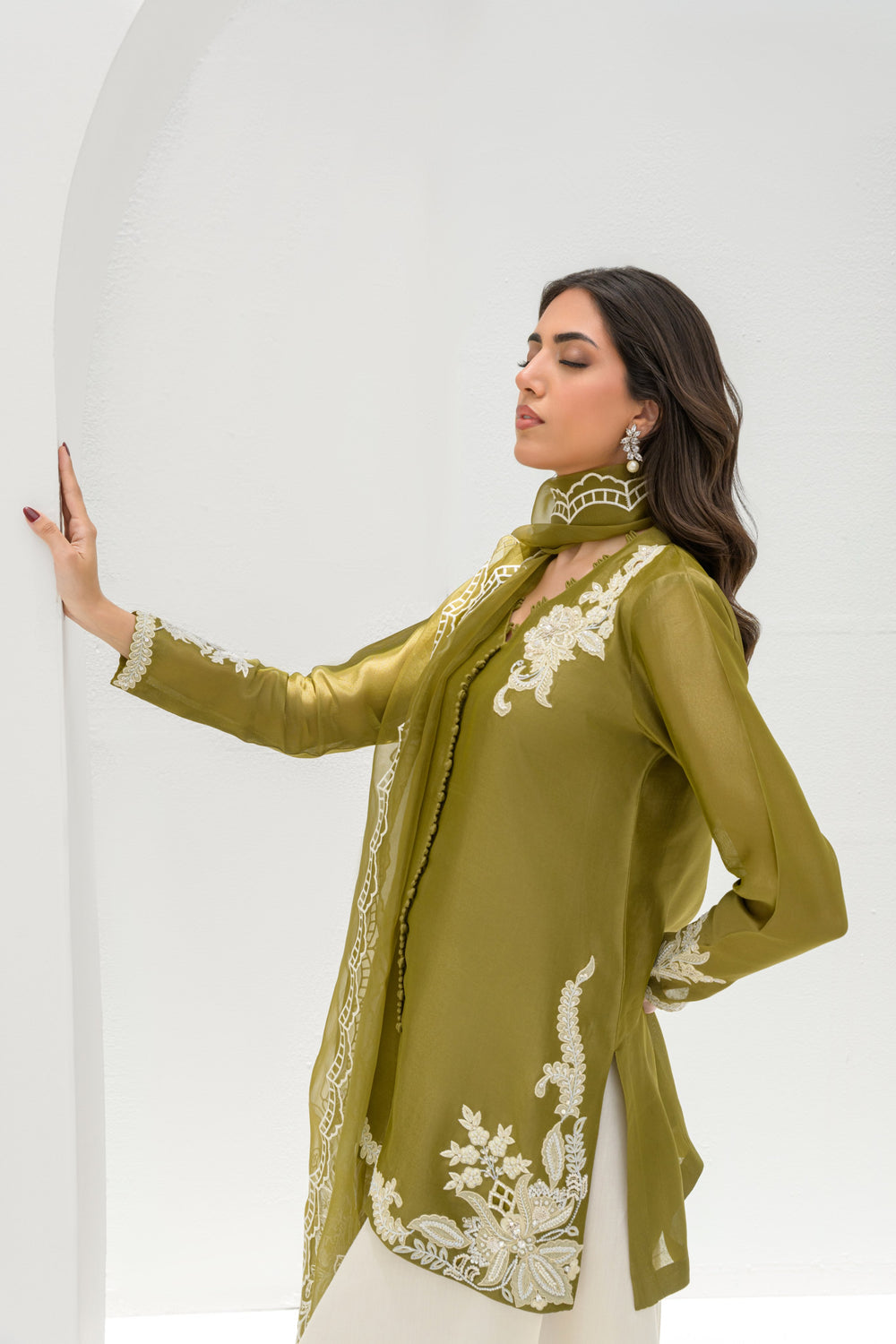 Khushboo &amp; Pankaj Olive Silk Embroidered Kurta Palazzo Suit Sets