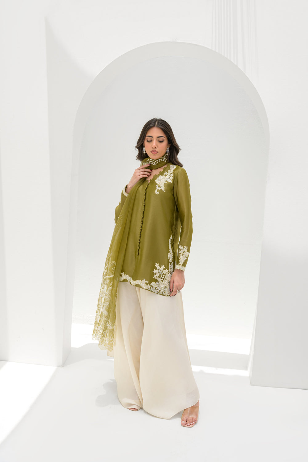 Khushboo &amp; Pankaj Olive Silk Embroidered Kurta Palazzo Suit Sets