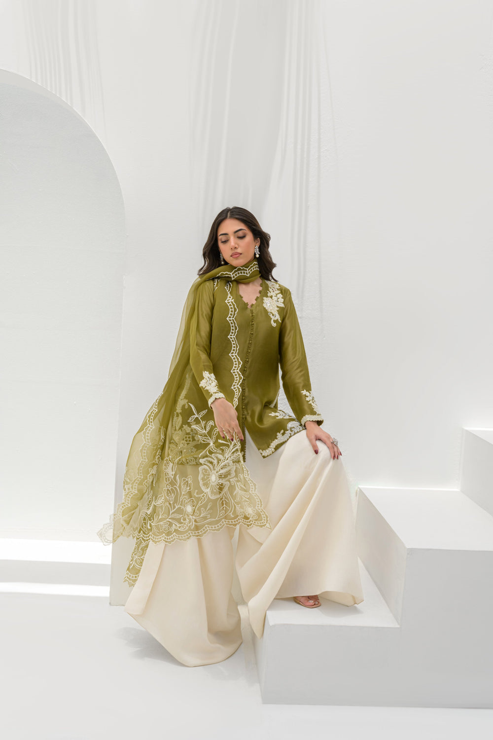 Khushboo &amp; Pankaj Olive Silk Embroidered Kurta Palazzo Suit Sets