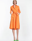 Women’s Solid Orange Shirt Dress with Waist Tie