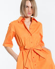 Women’s Solid Orange Shirt Dress with Waist Tie