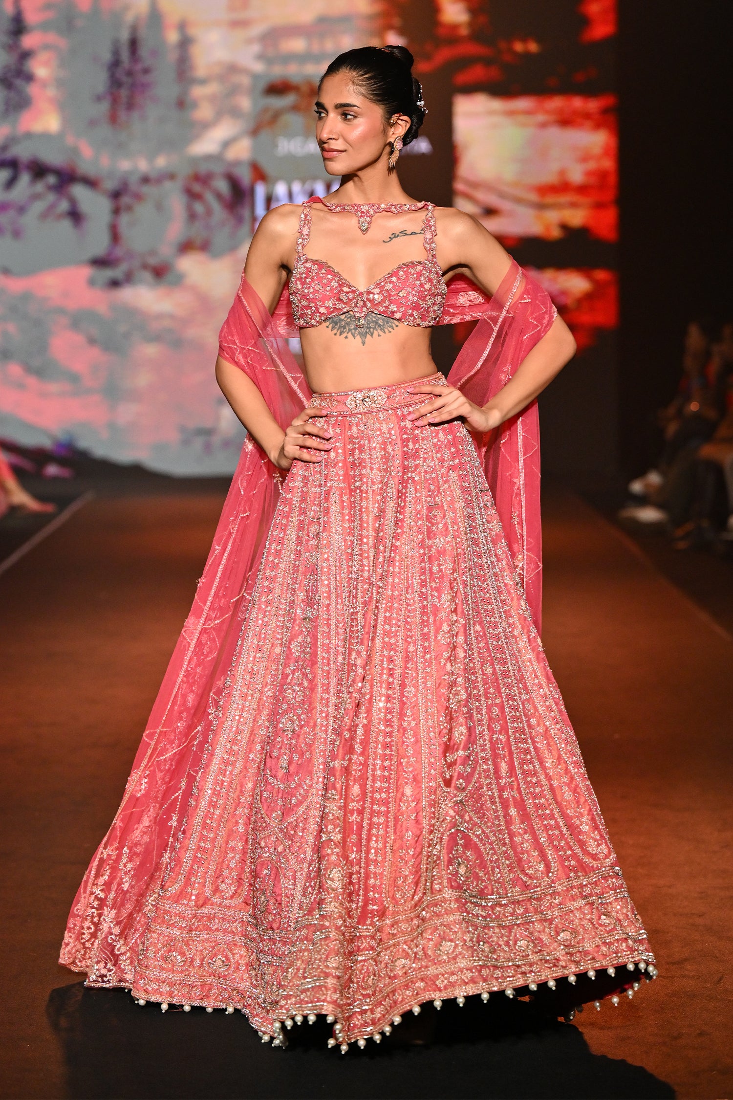 Coral shimmer lehenga set