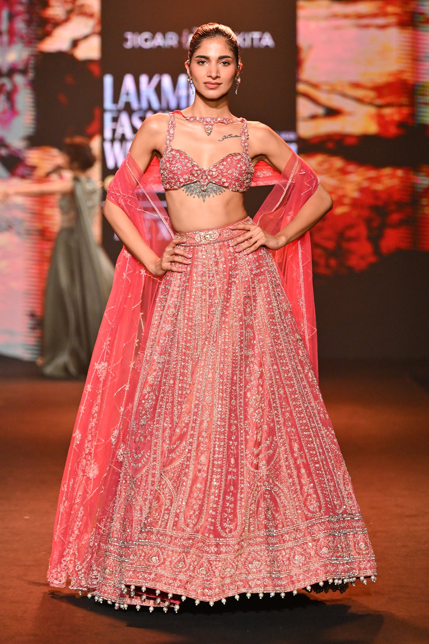 Coral shimmer lehenga set