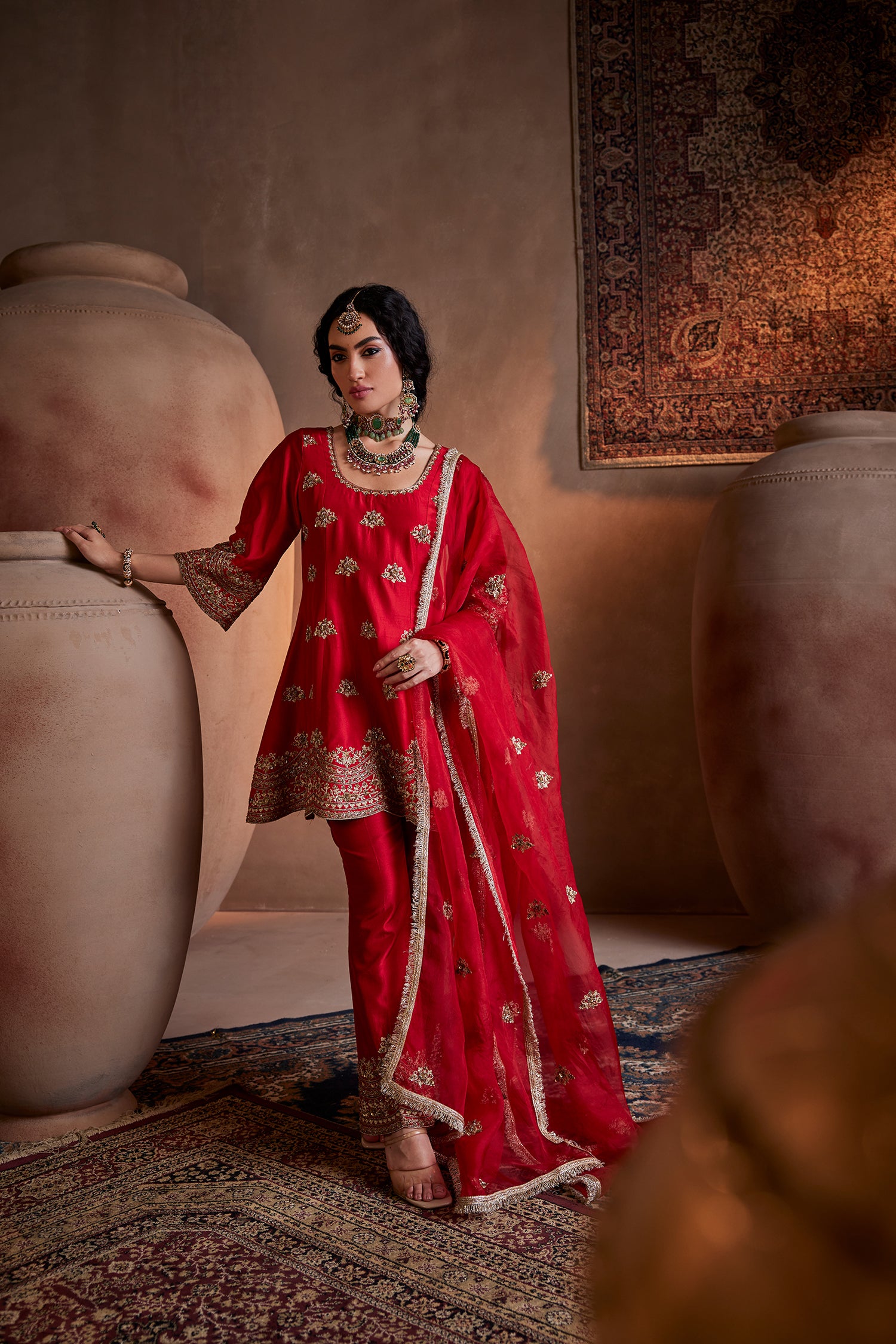 Red Hand Embroidered Kurta Set