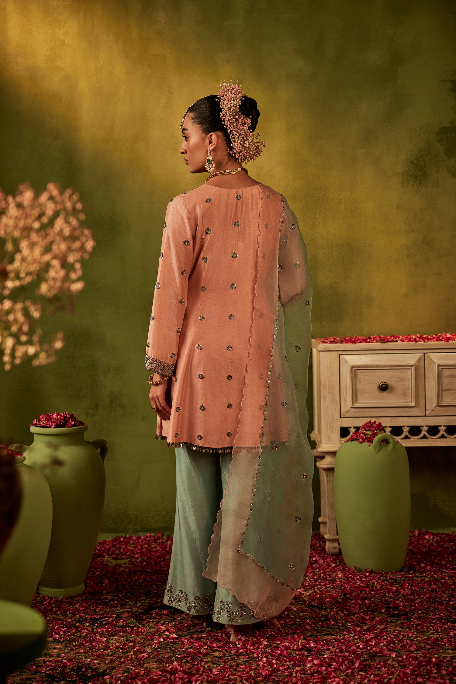 Peach and Teal Hand Embroidered Kurta Set