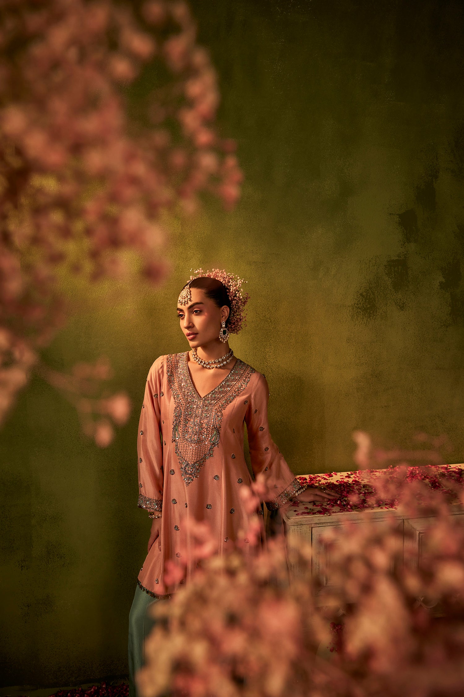 Peach and Teal Hand Embroidered Kurta Set