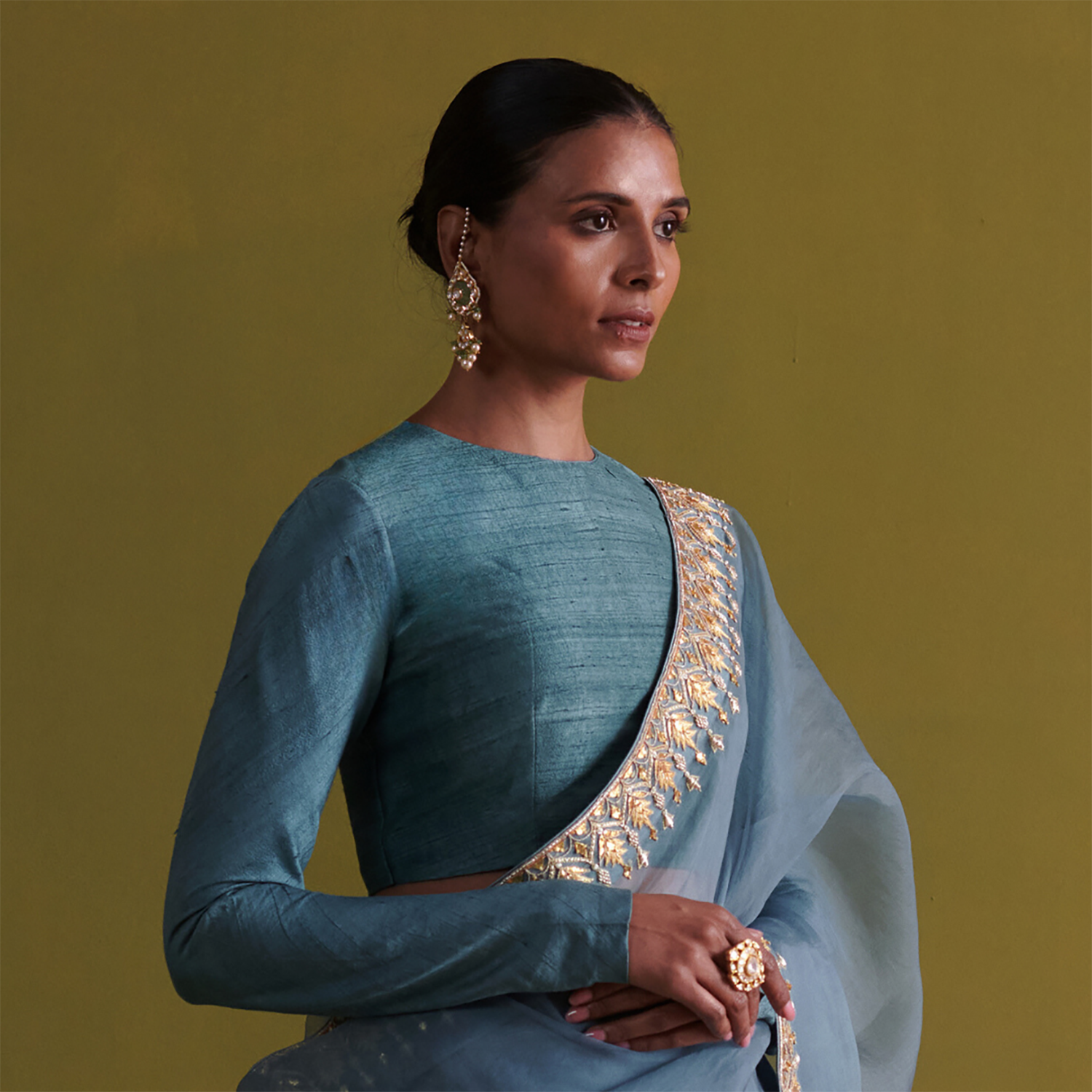 Marine Blue Hand Embrodiered Saree With Raw Silk Blouse