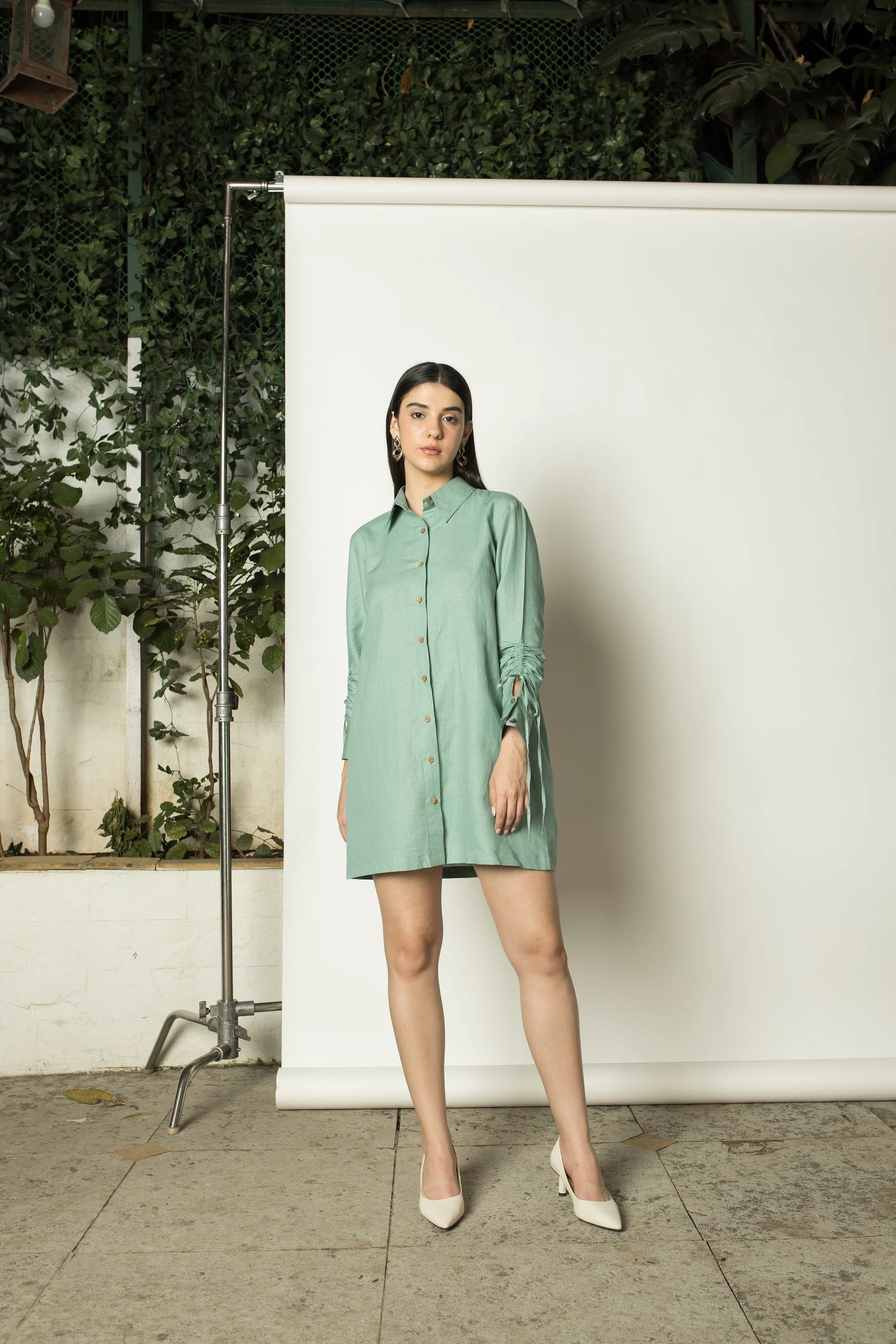 RUCHED SLEEVES SHIRT DRESS
