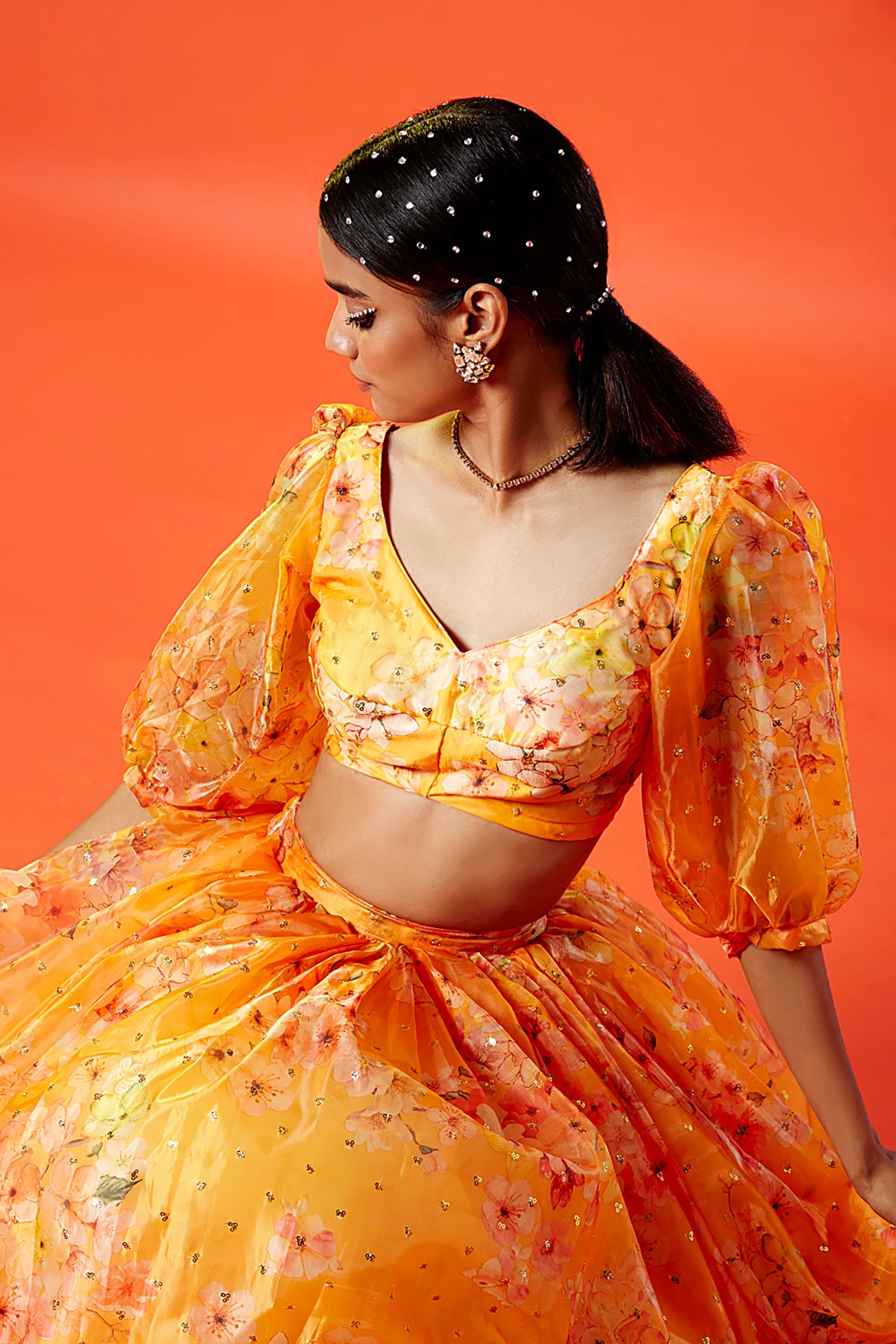 Mustard Organza Satin Floral Printed Lehenga Set