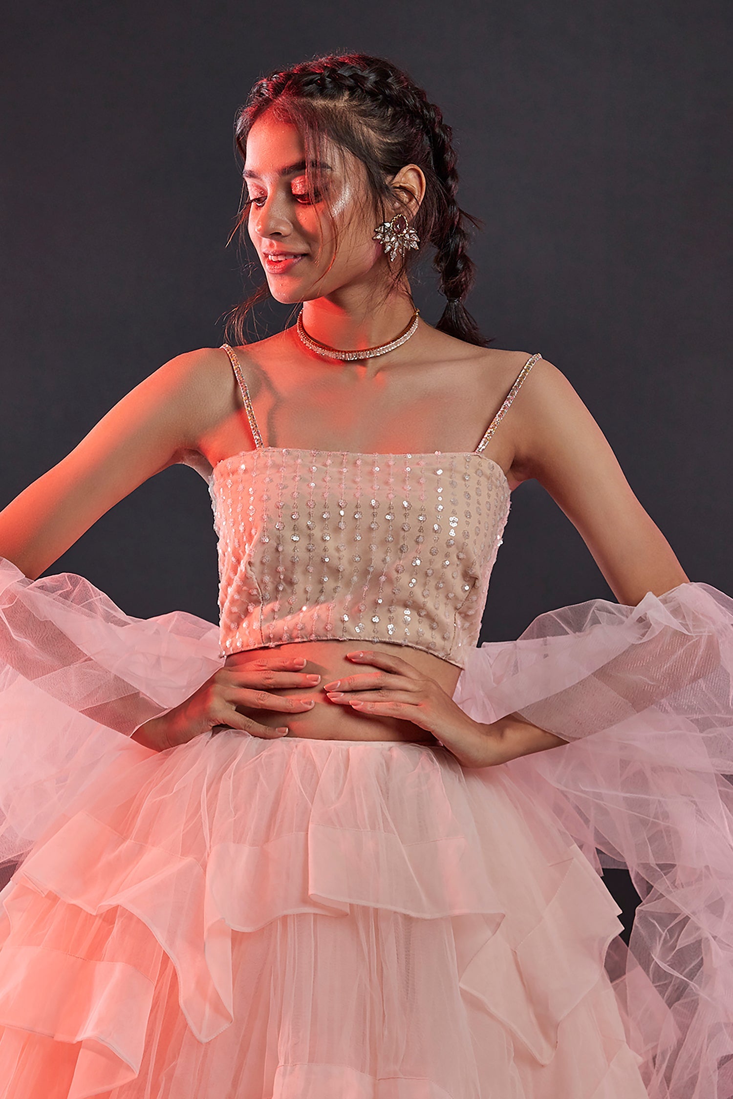 Blush Pink Polyester Mesh &amp; Tulle Lehenga Set