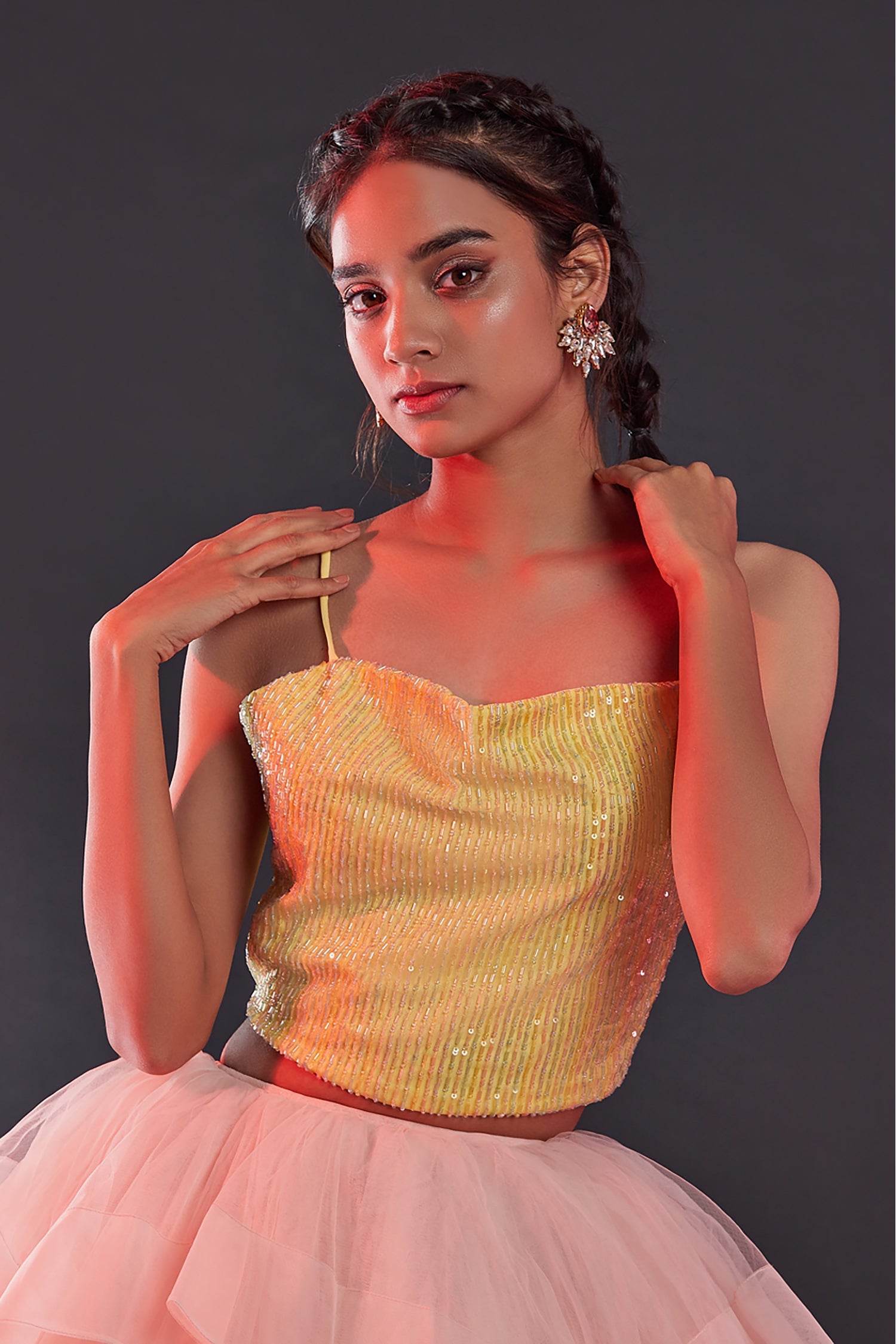 Blush Pink Polyester Mesh &amp; Tulle Lehenga Set