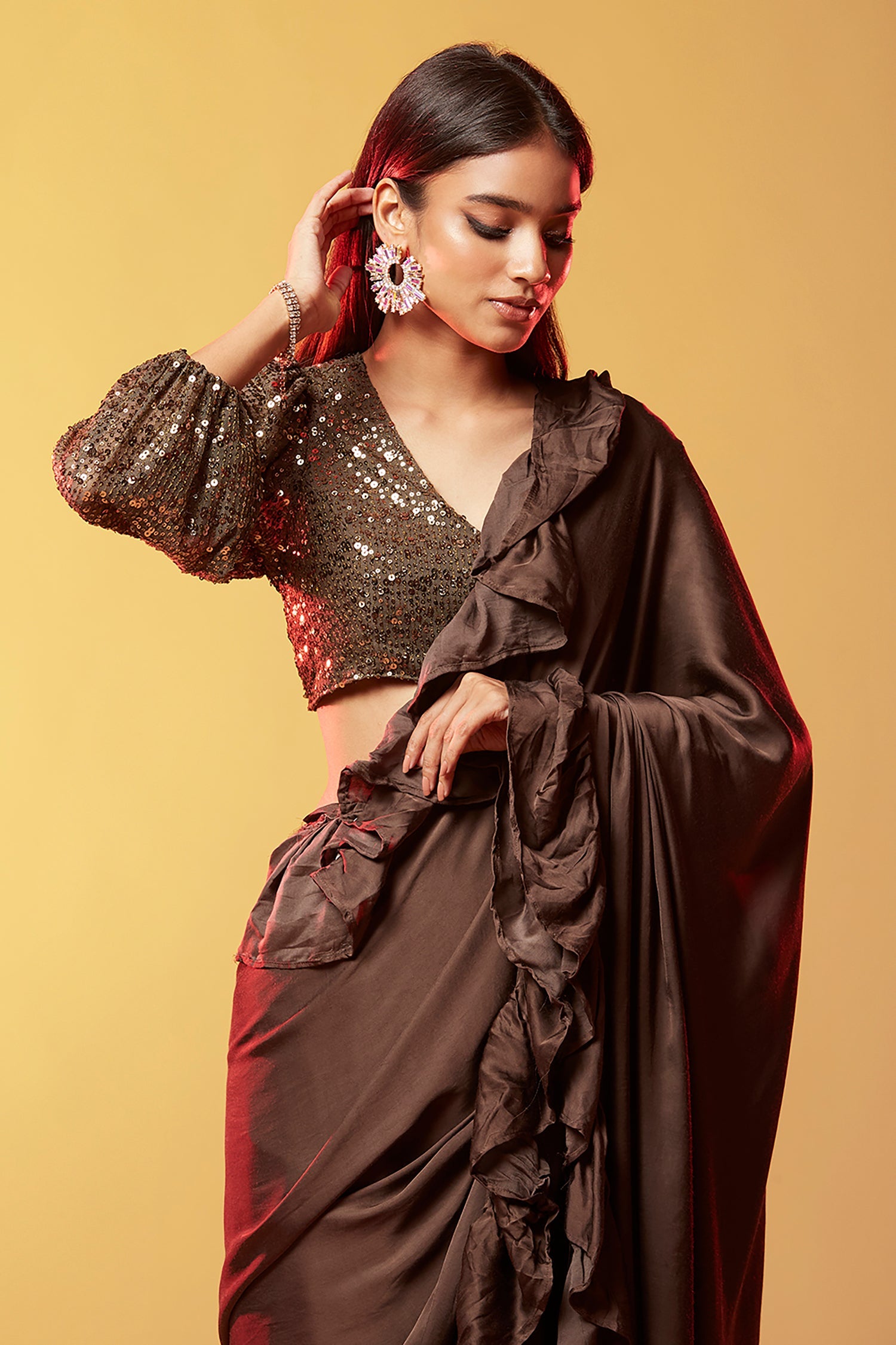 Dark Olive Gajji Silk Embellished Ruffled Saree