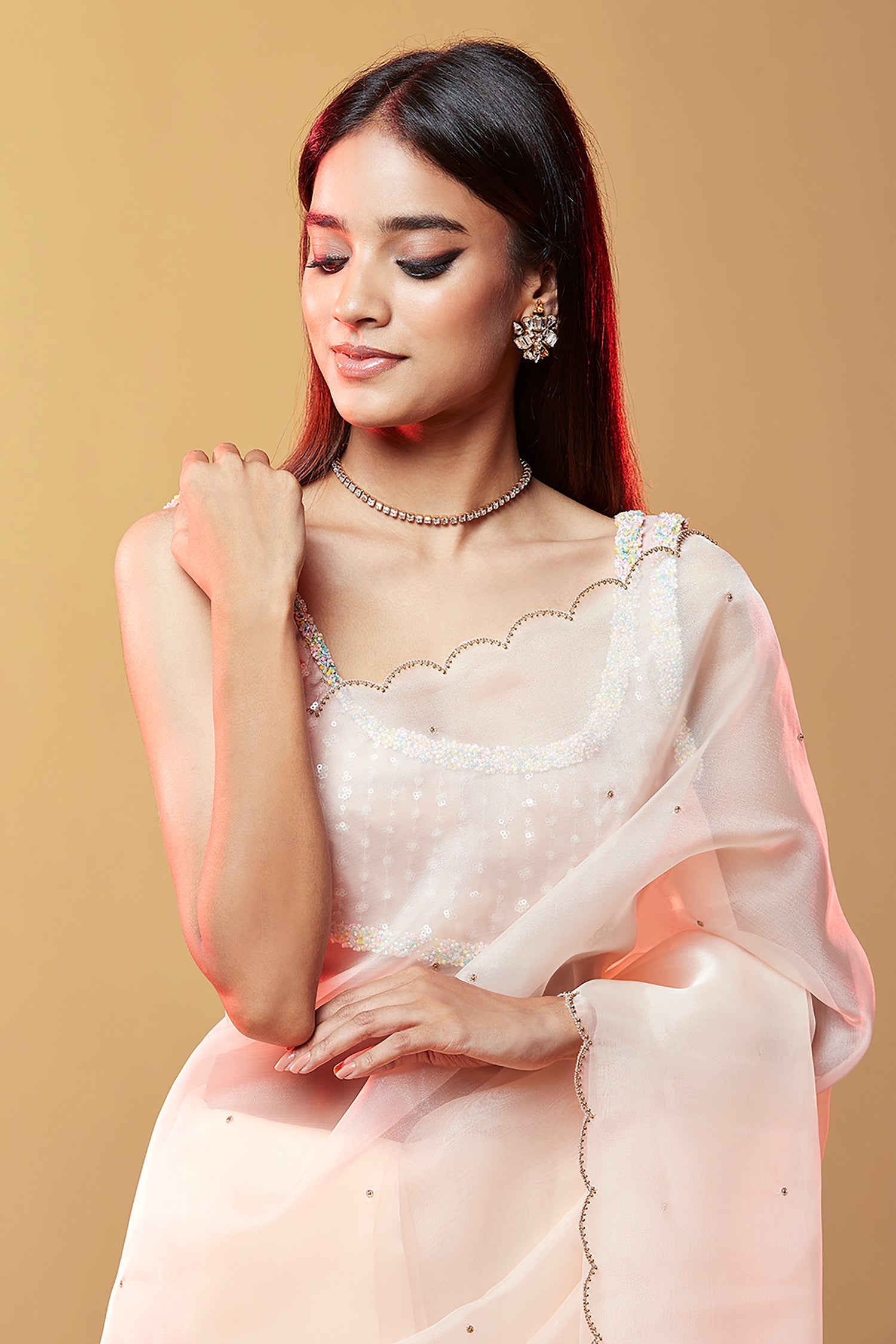 Blush Pink Silk Organza Hand Embroidered Saree