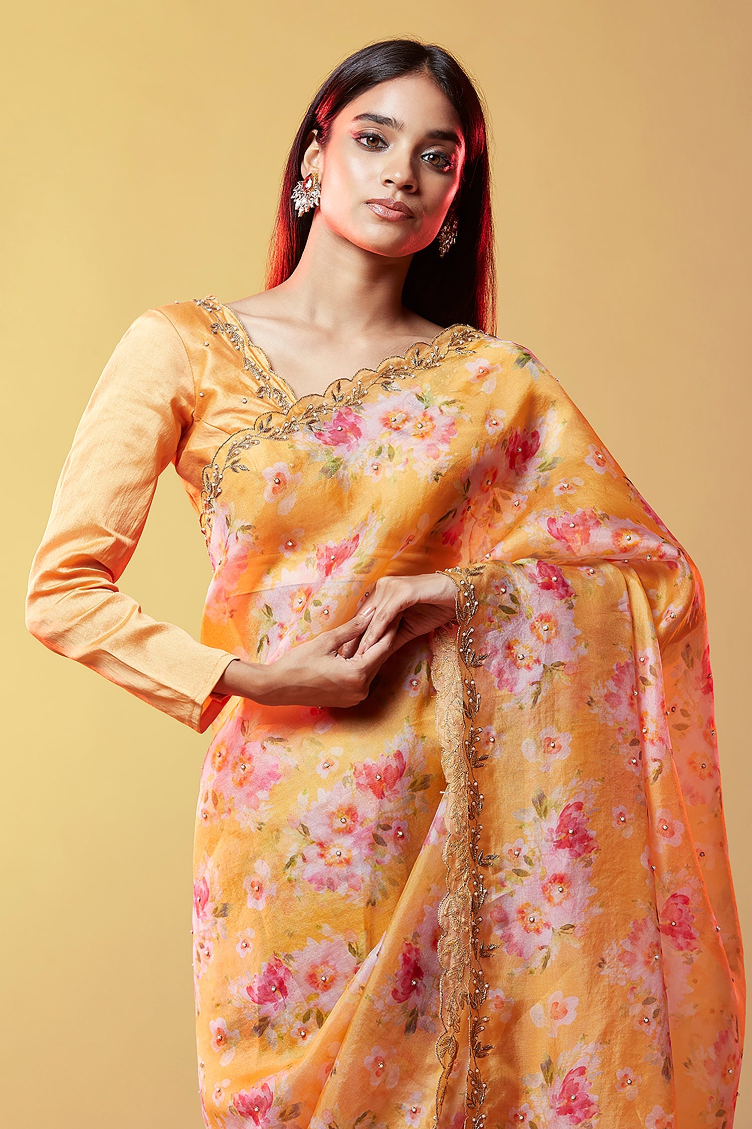 Mustard Silk Organza Floral Printed Saree Set