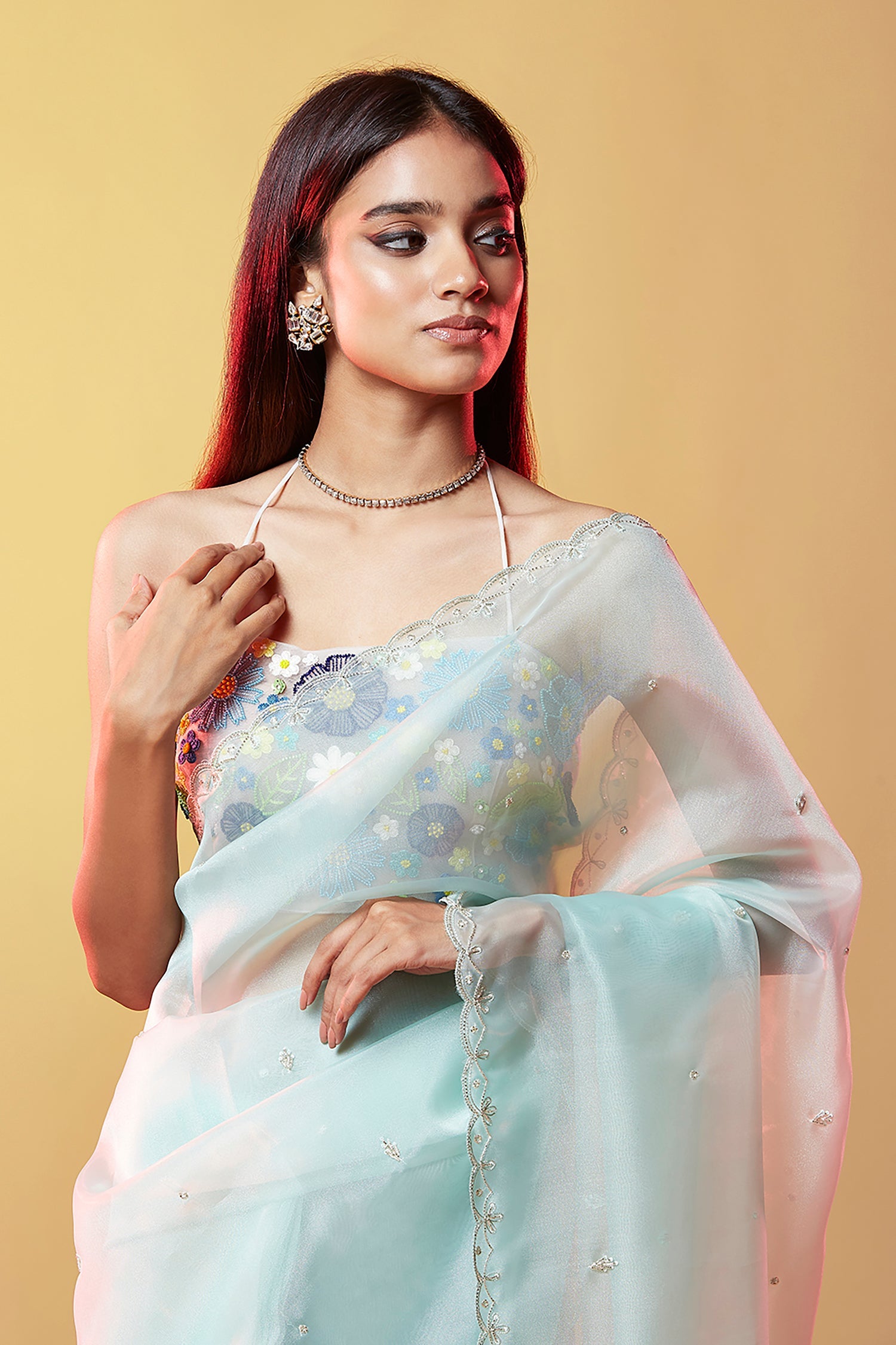 Blue Silk Organza Hand Embroidered Saree