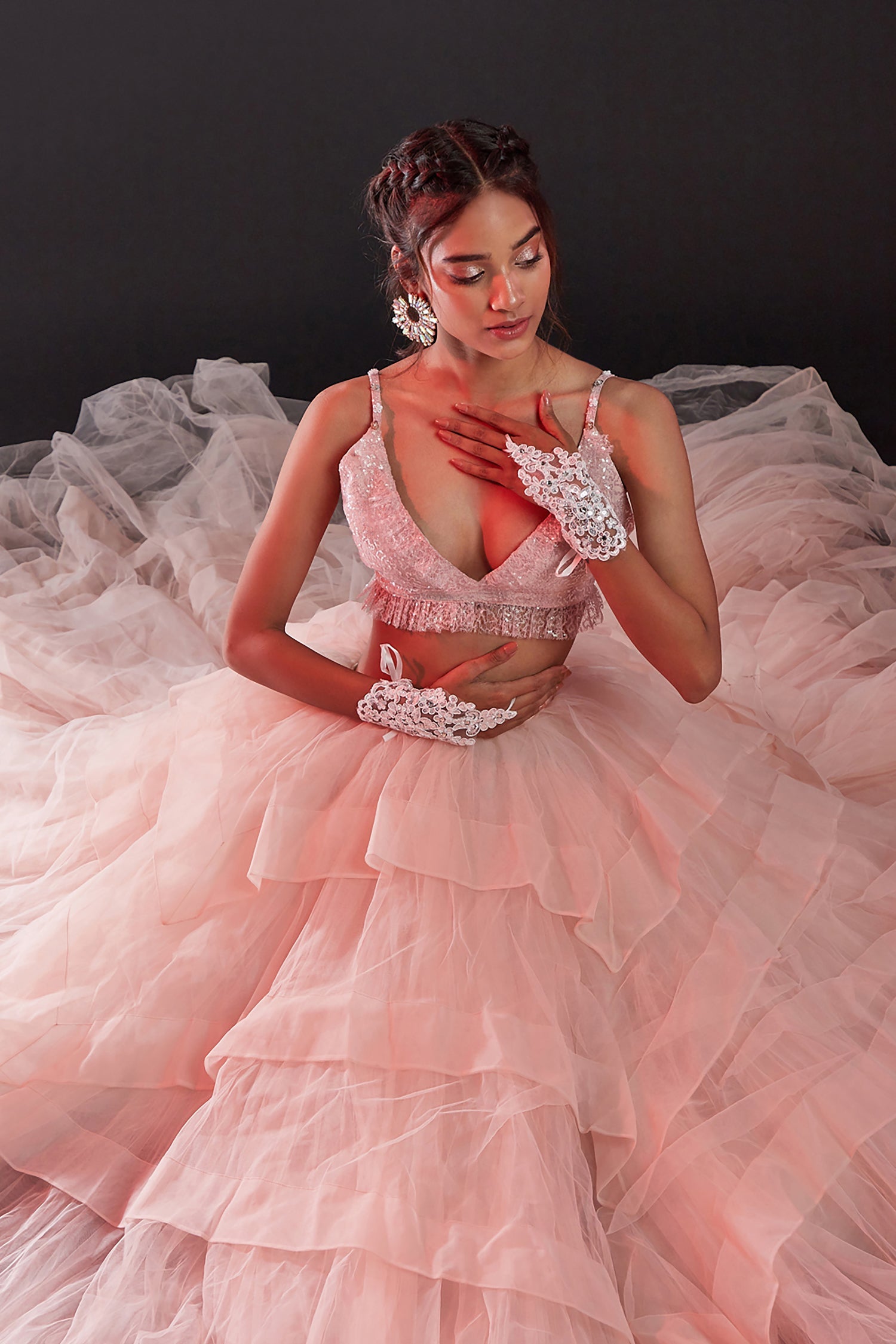 Blush Pink Polyester Mesh &amp; Tulle Lehenga Set