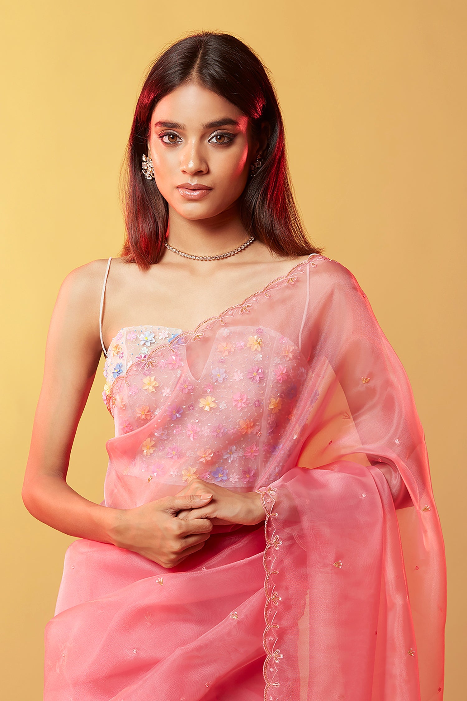 Pink Silk Organza Hand Embroidered Saree