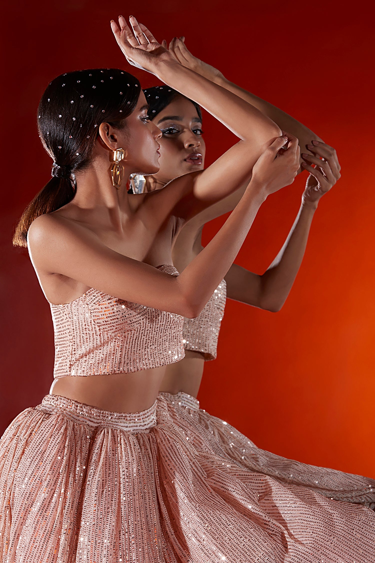 Gold Tulle Sequins Embellished Lehenga Set