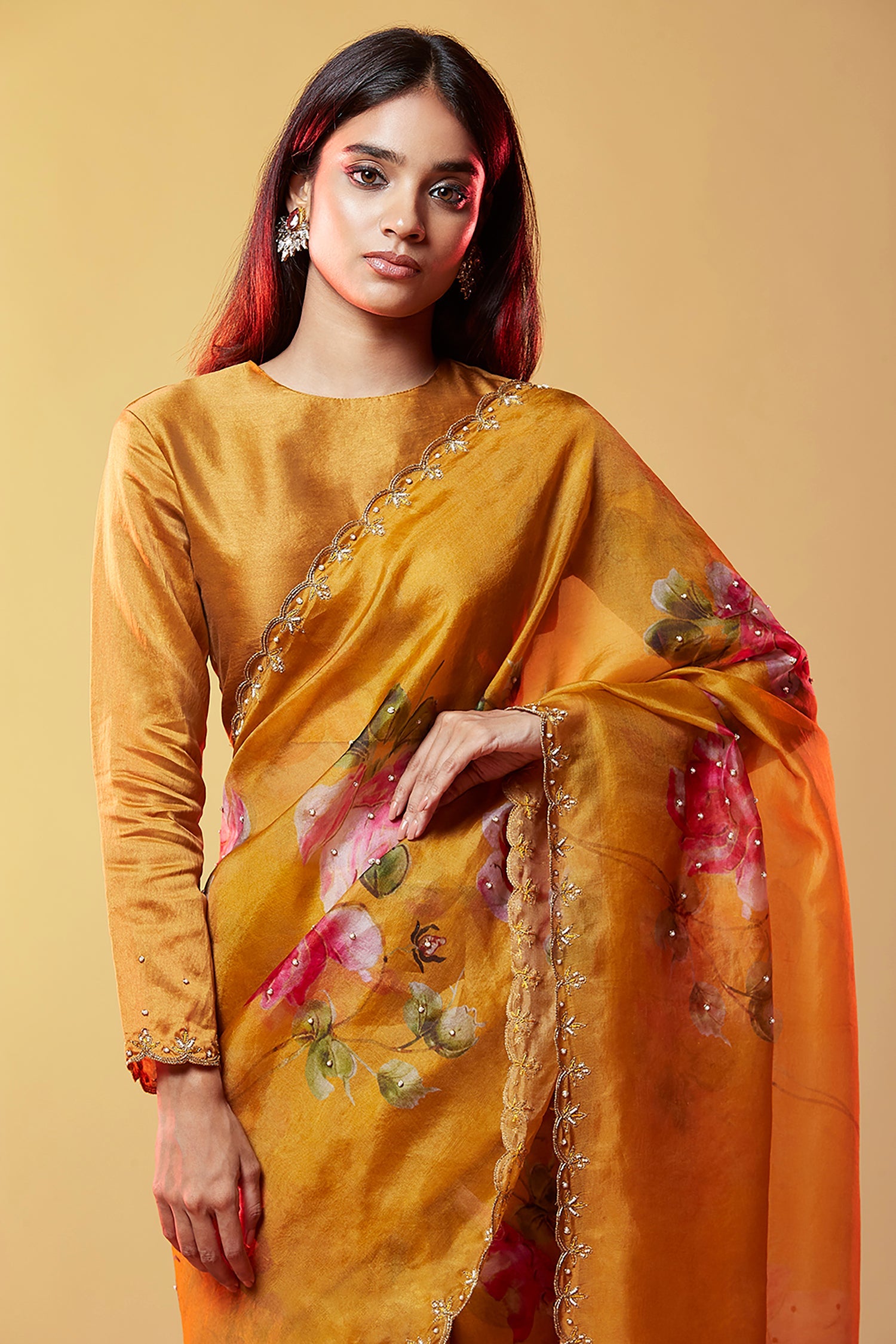 Mustard Silk Organza Floral Printed Handmade Saree Set