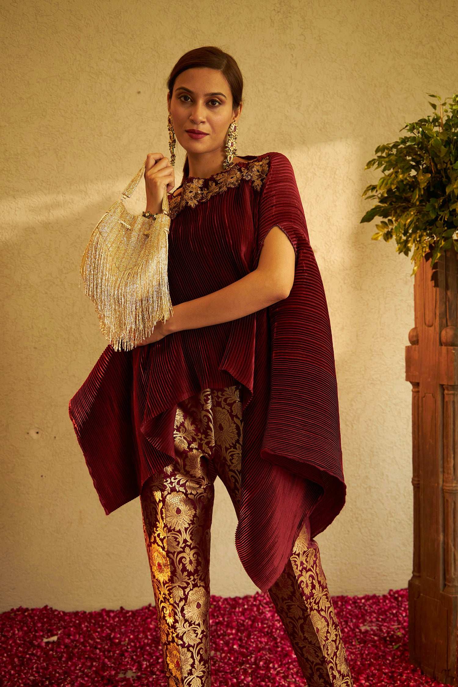 Divine Embroidered Cape with Brocade Pants - Maroon