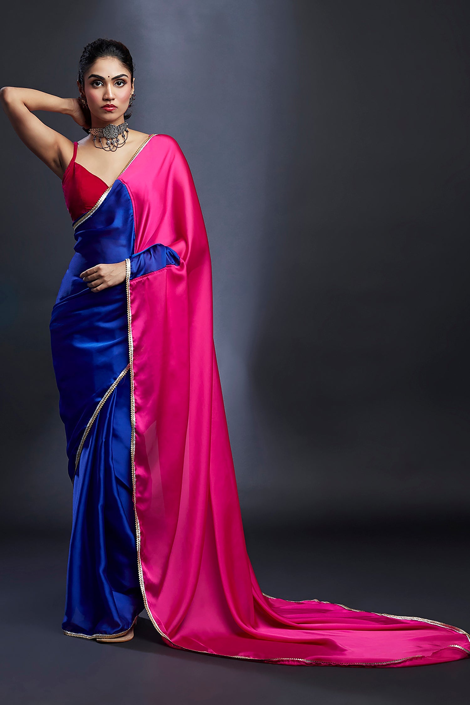 Electric Blue &amp; Rani Satin Embellished Color-Blocked Saree Set