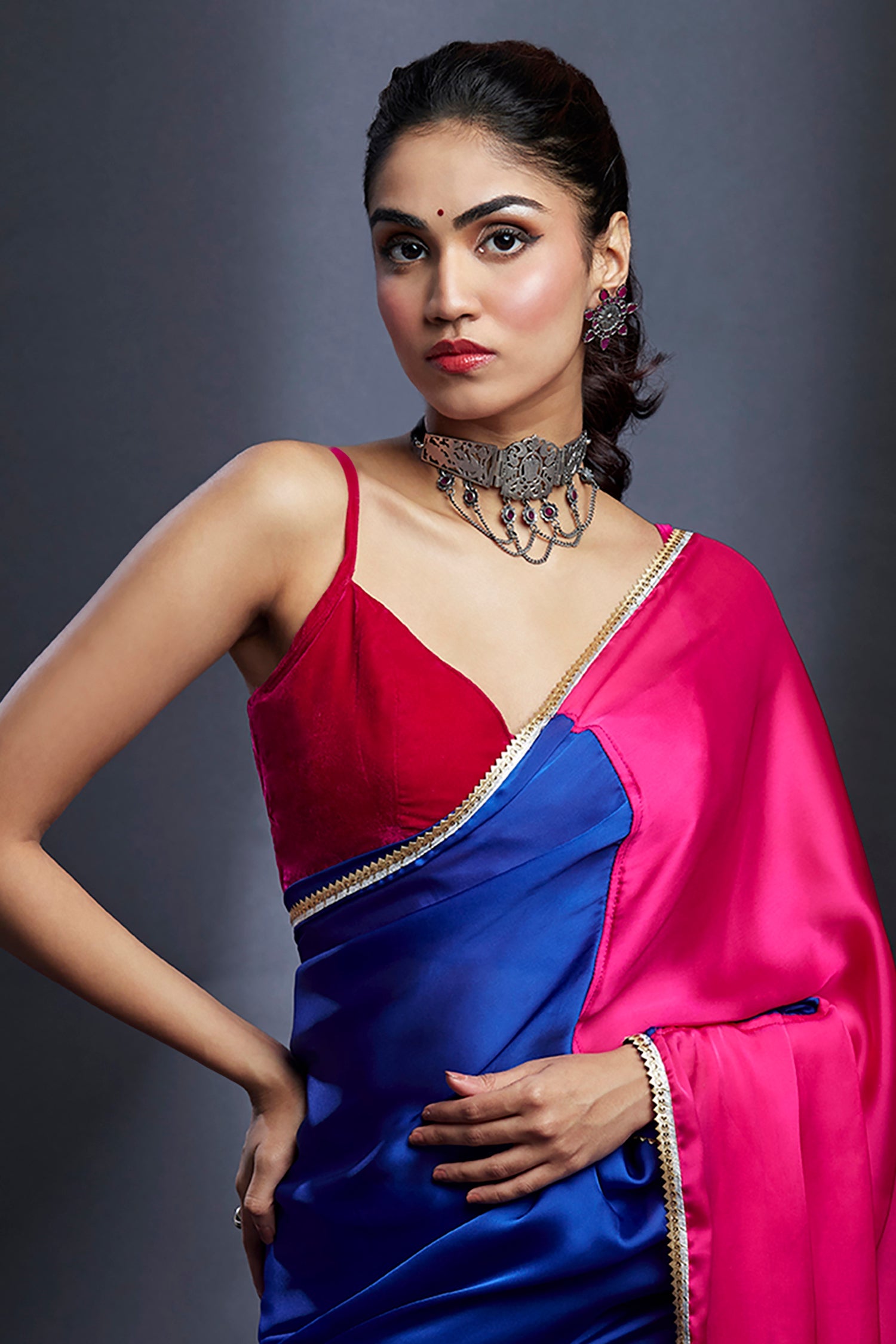 Electric Blue &amp; Rani Satin Embellished Color-Blocked Saree Set