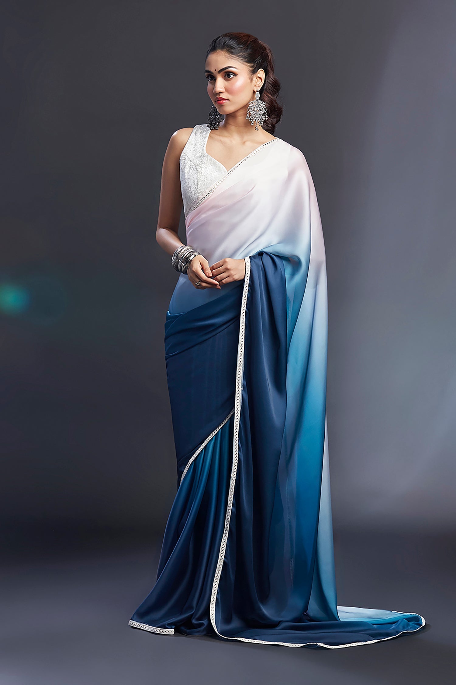 Blush Pink &amp; Blue Ombre Satin Embellished Saree Set