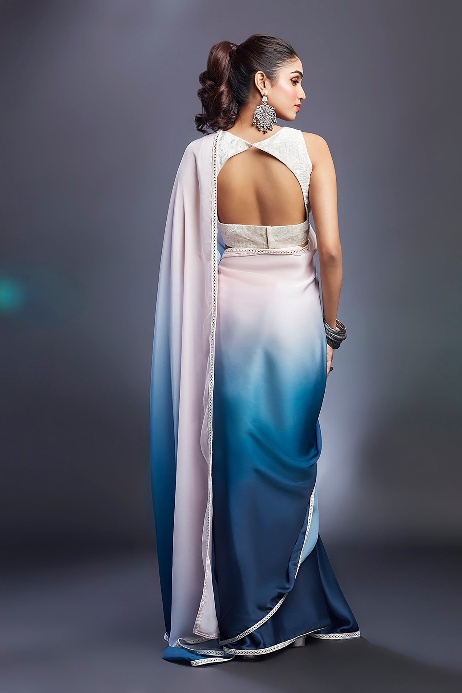 Blush Pink &amp; Blue Ombre Satin Embellished Saree Set