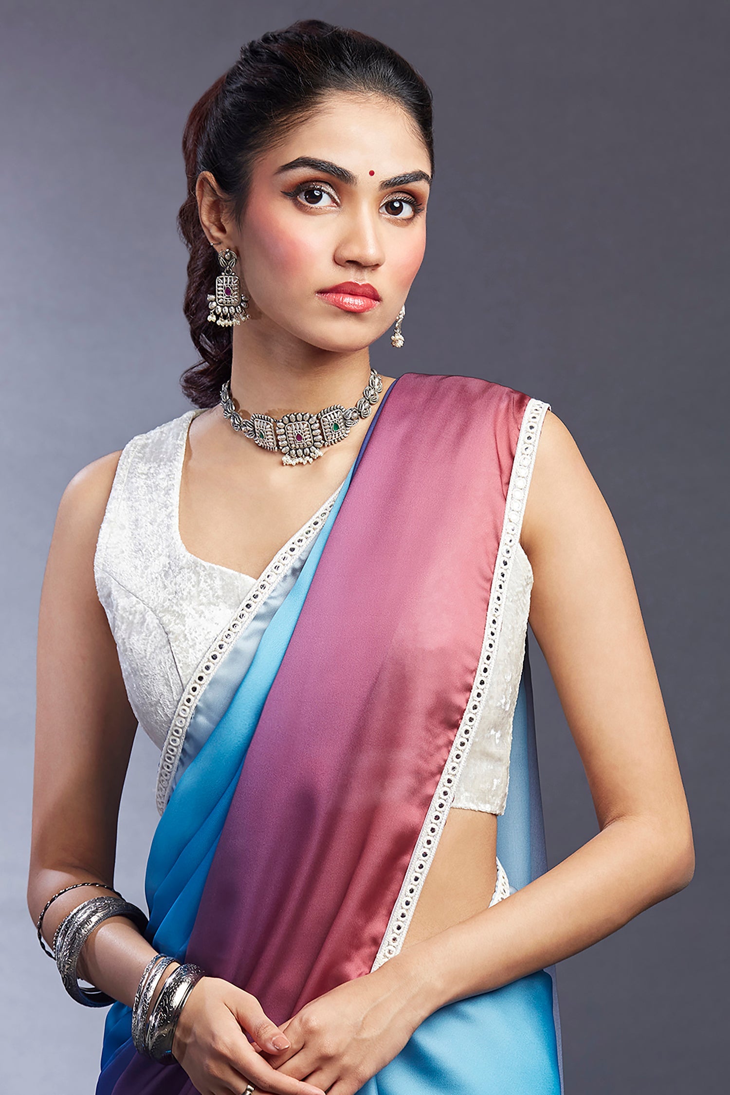 Multi-Colored Satin Embellished Ombre Saree Set