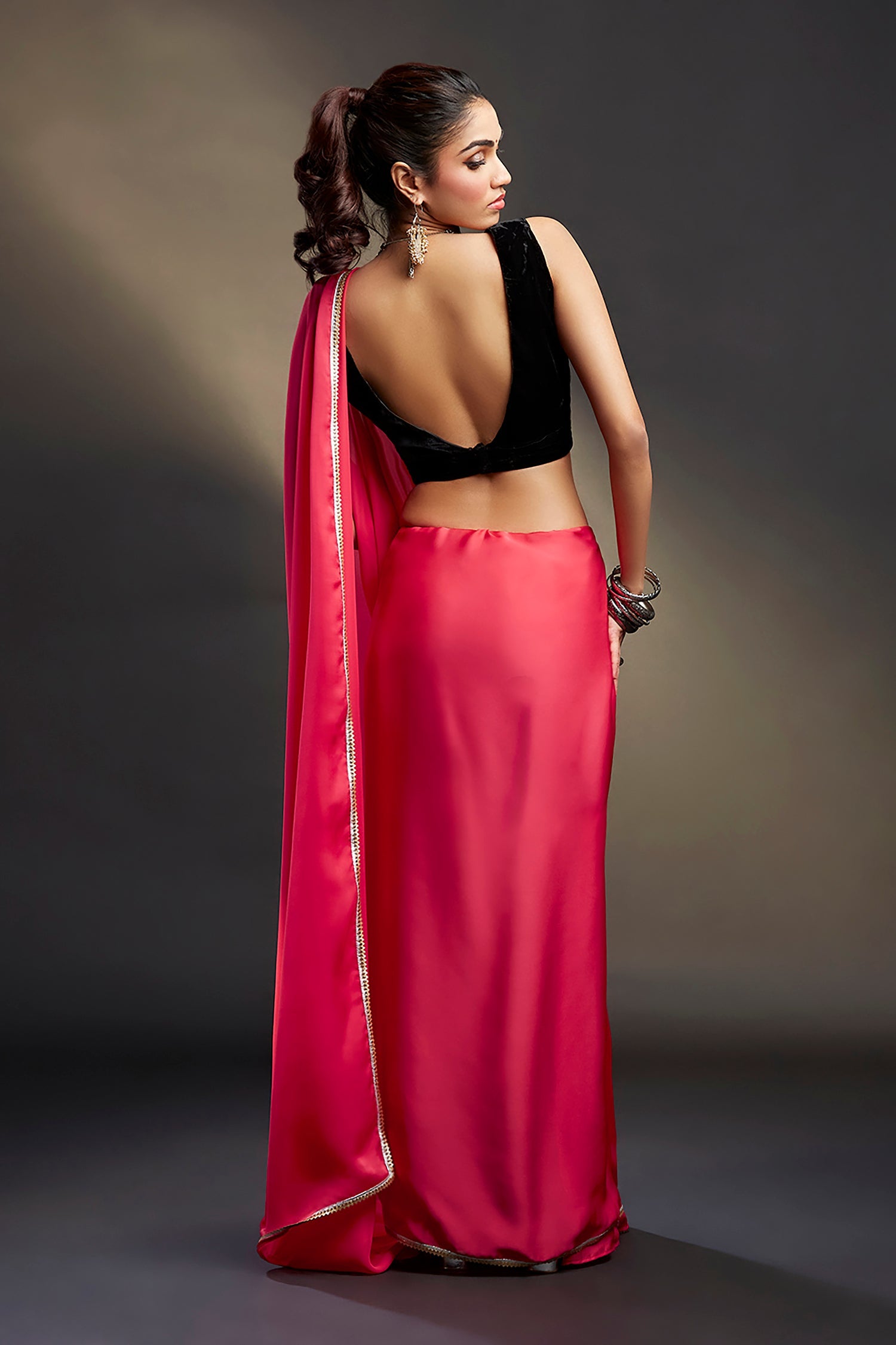 Coral Satin &amp; Velvet Embellished Saree Set