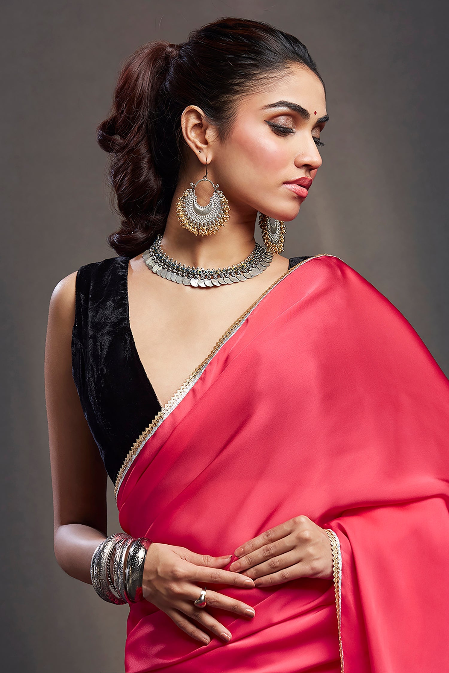 Coral Satin &amp; Velvet Embellished Saree Set