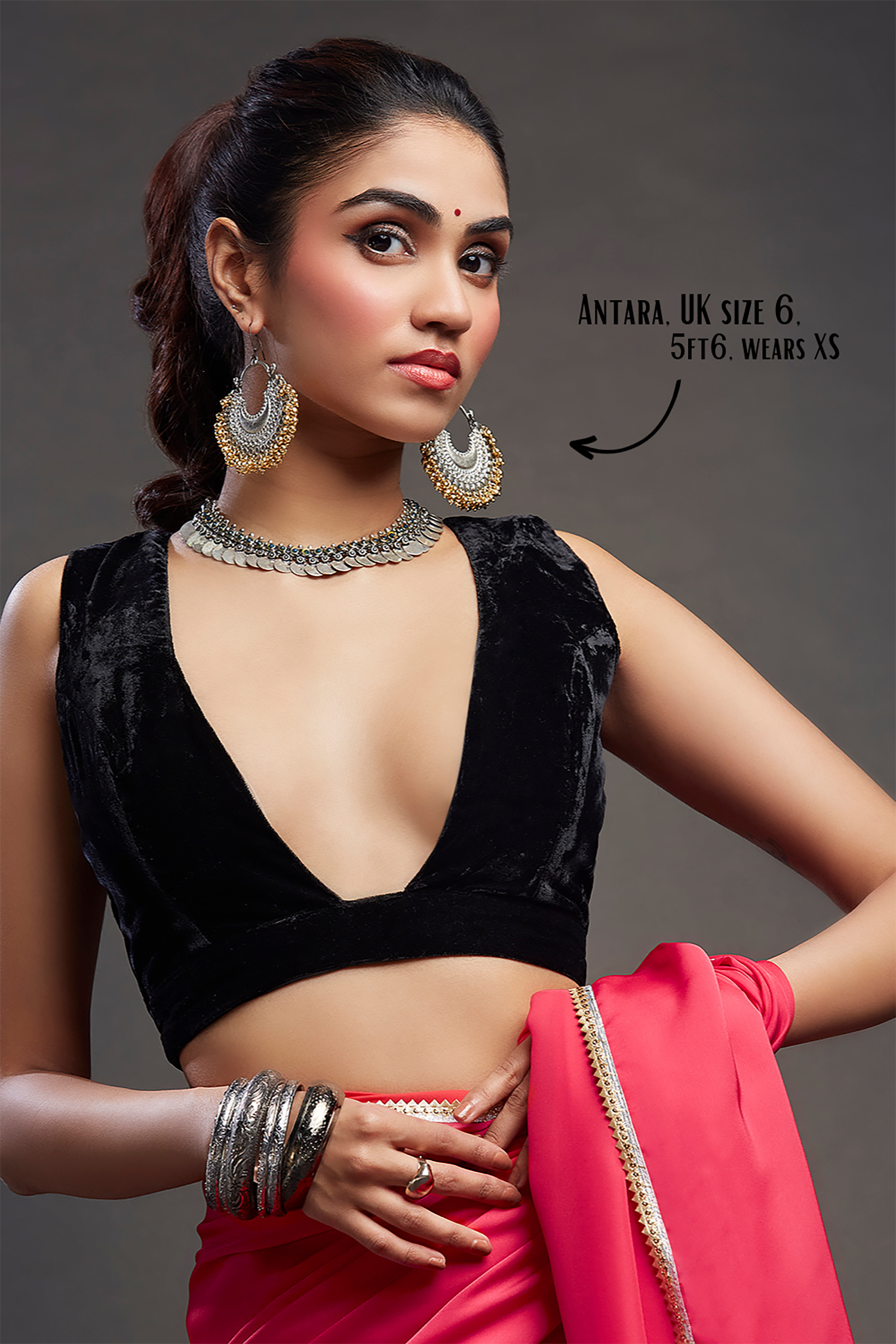 Coral Satin &amp; Velvet Embellished Saree Set