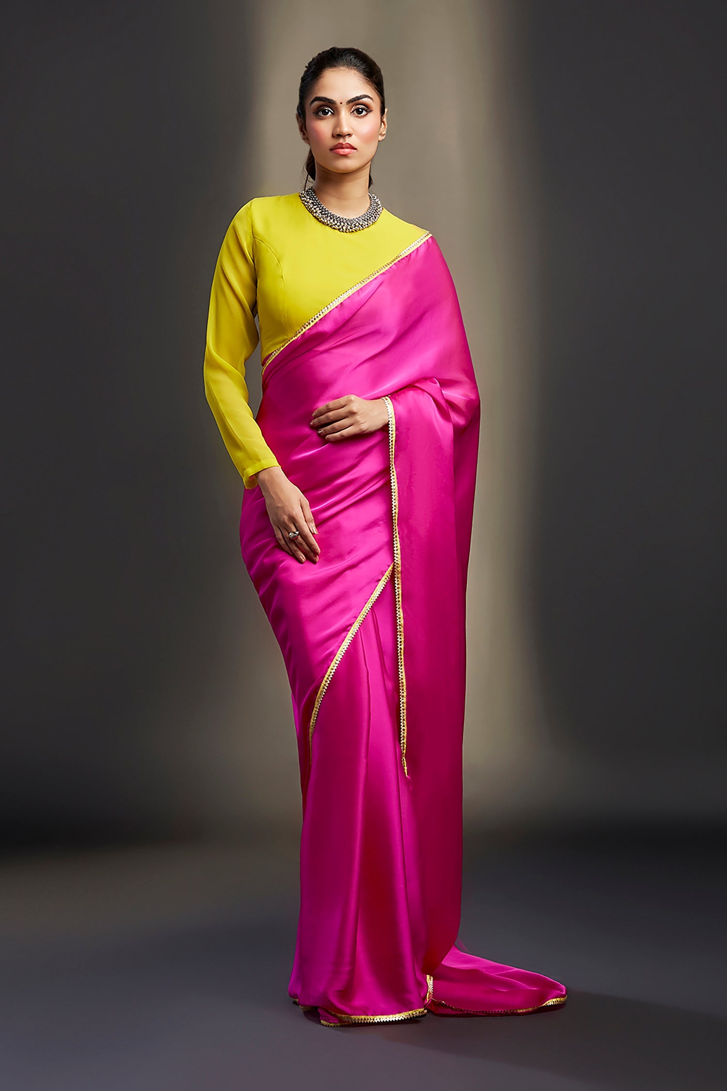 Rani Satin Embellished Saree Set