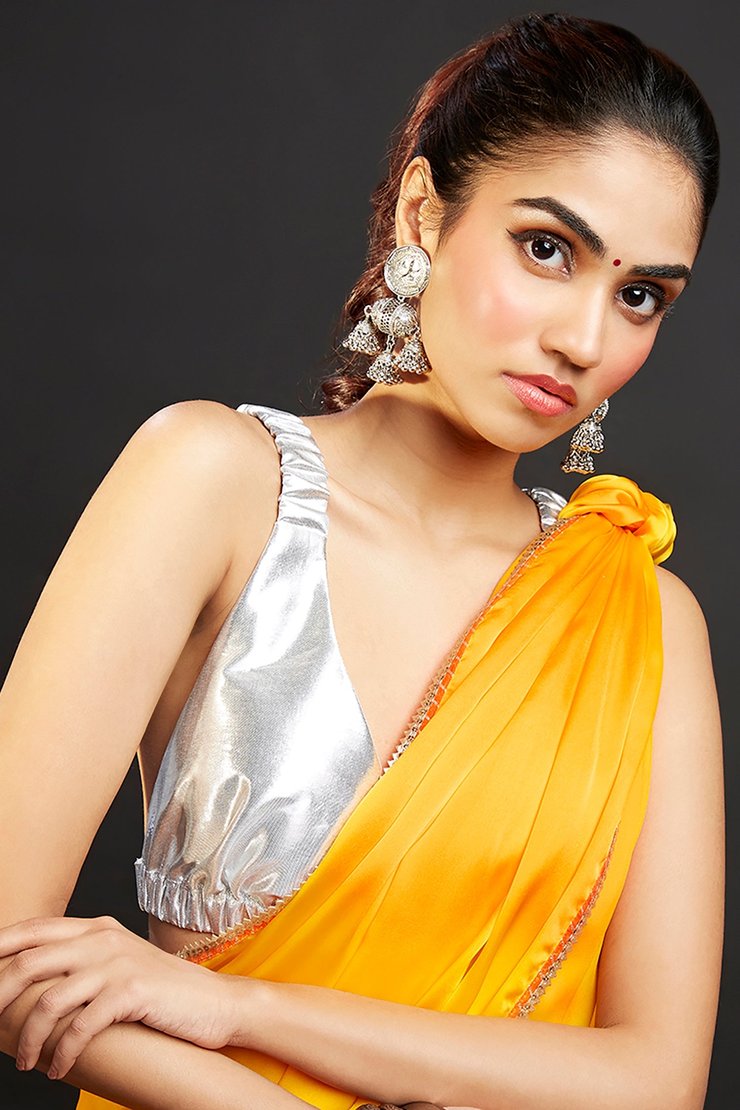 Yellow Satin Embellished Saree Set