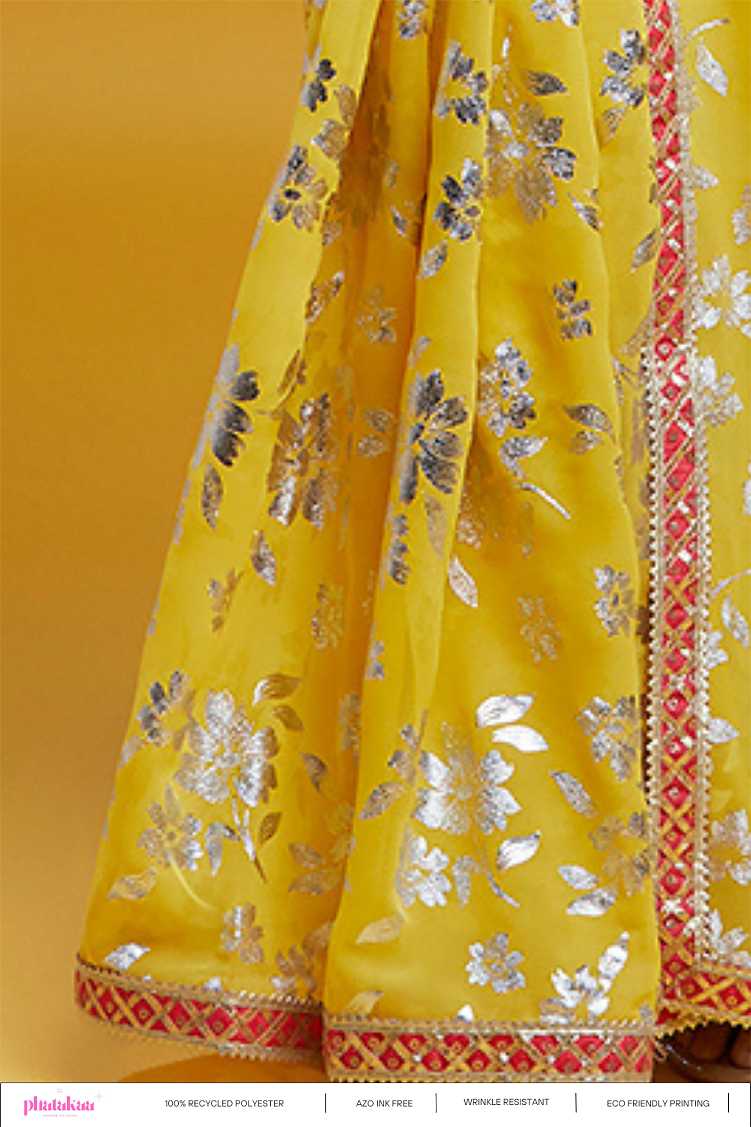 Yellow Georgette &amp; Recycled Polyester Barfi Saree Set