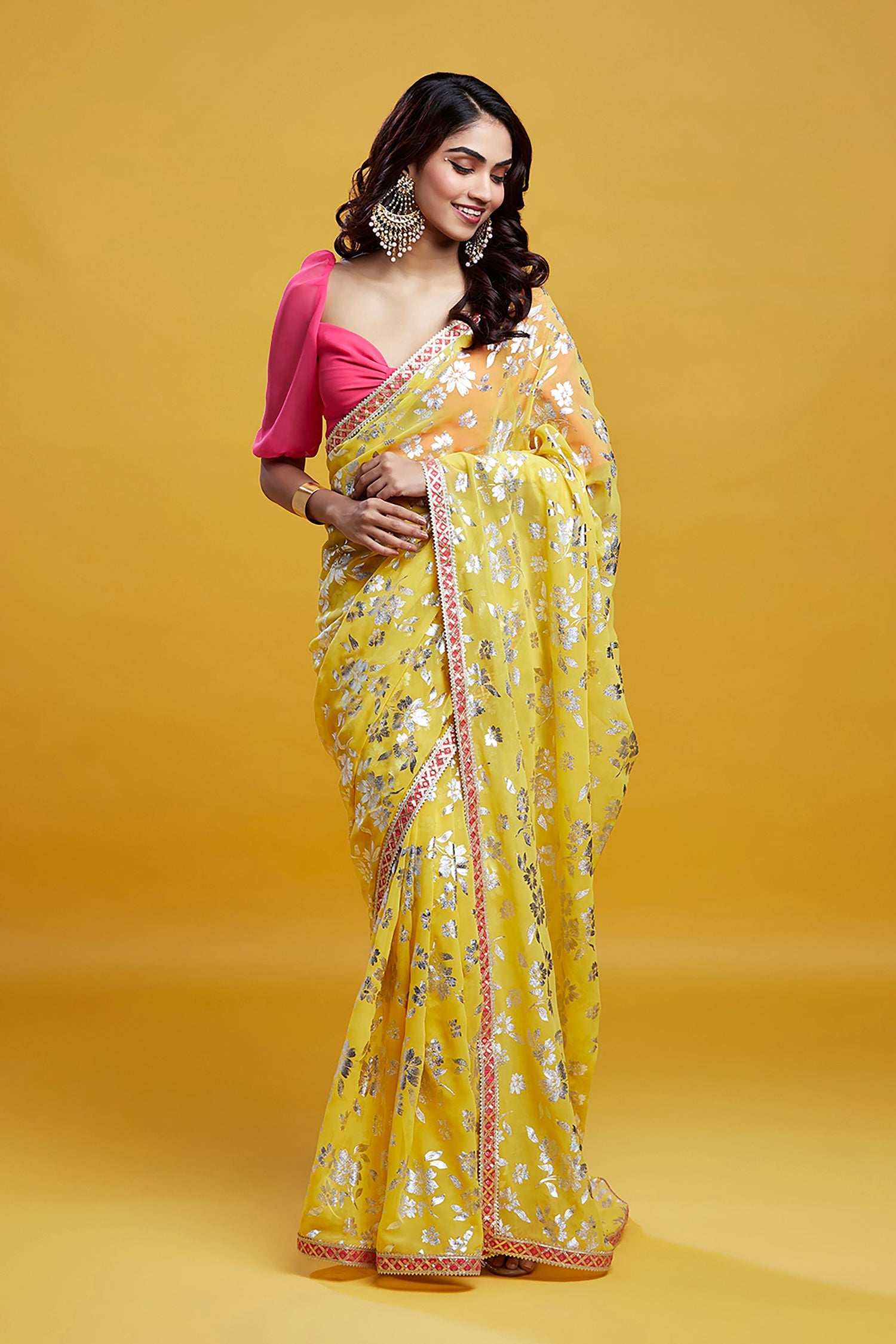Yellow Georgette &amp; Recycled Polyester Barfi Saree Set