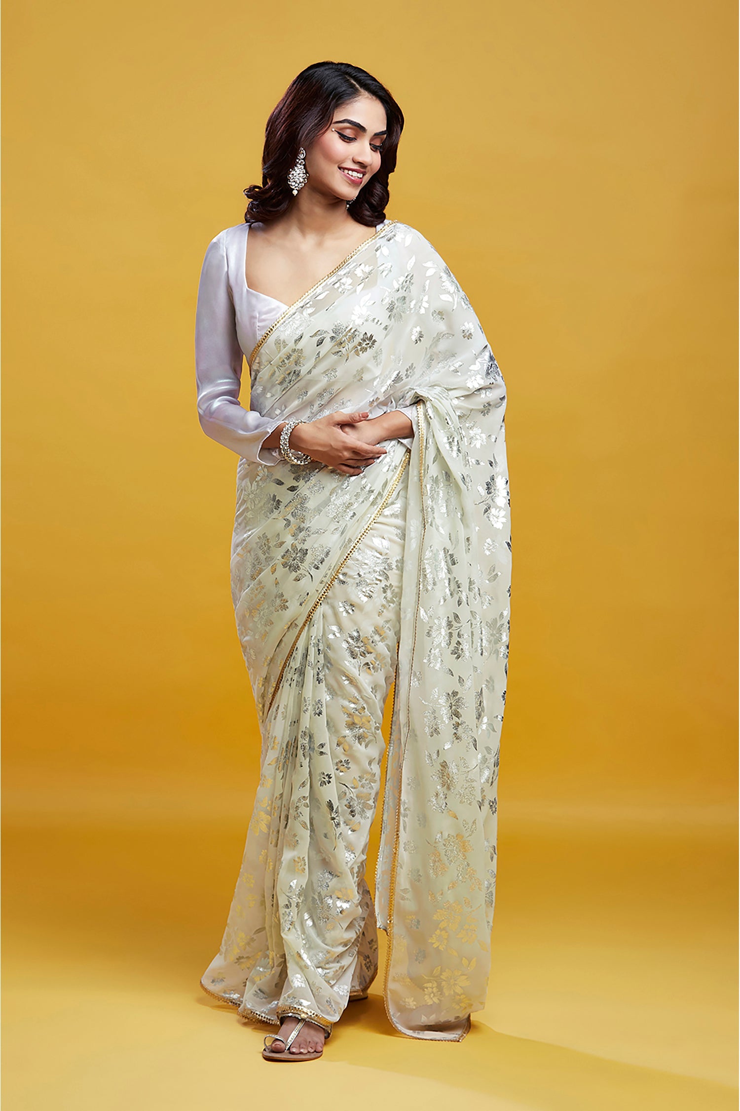 White &amp; Silver Georgette &amp; Recycled Polyester Barfi Saree Set