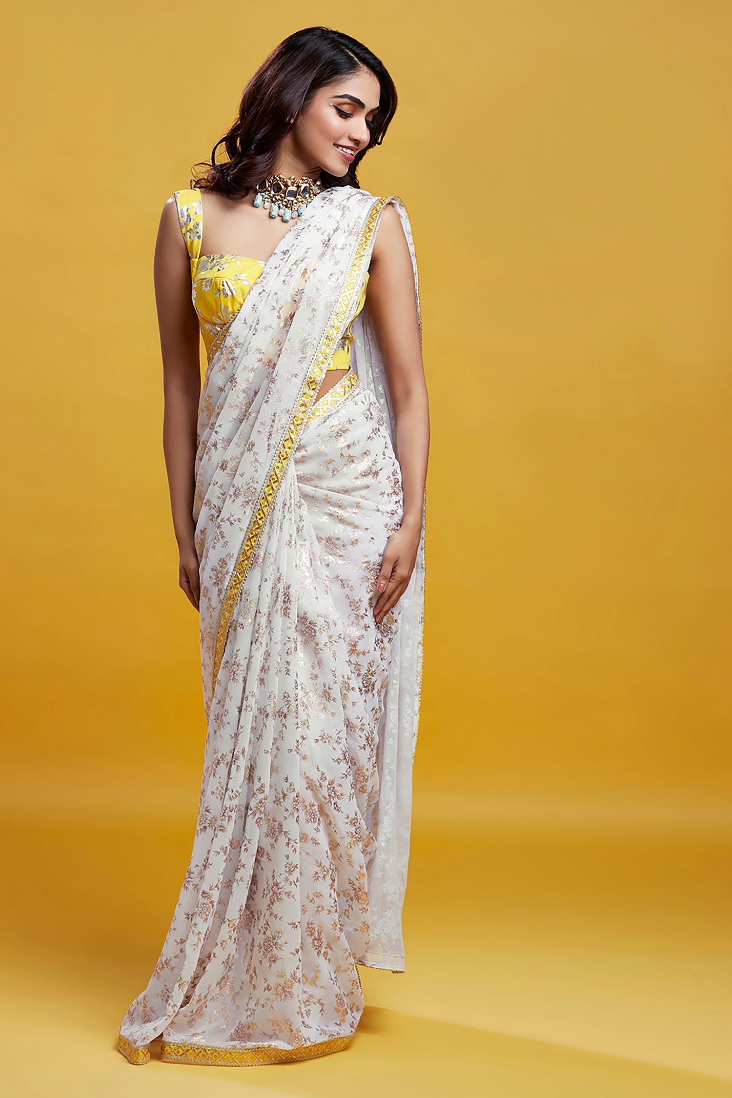 White &amp; Gold Georgette Barfi Saree Set