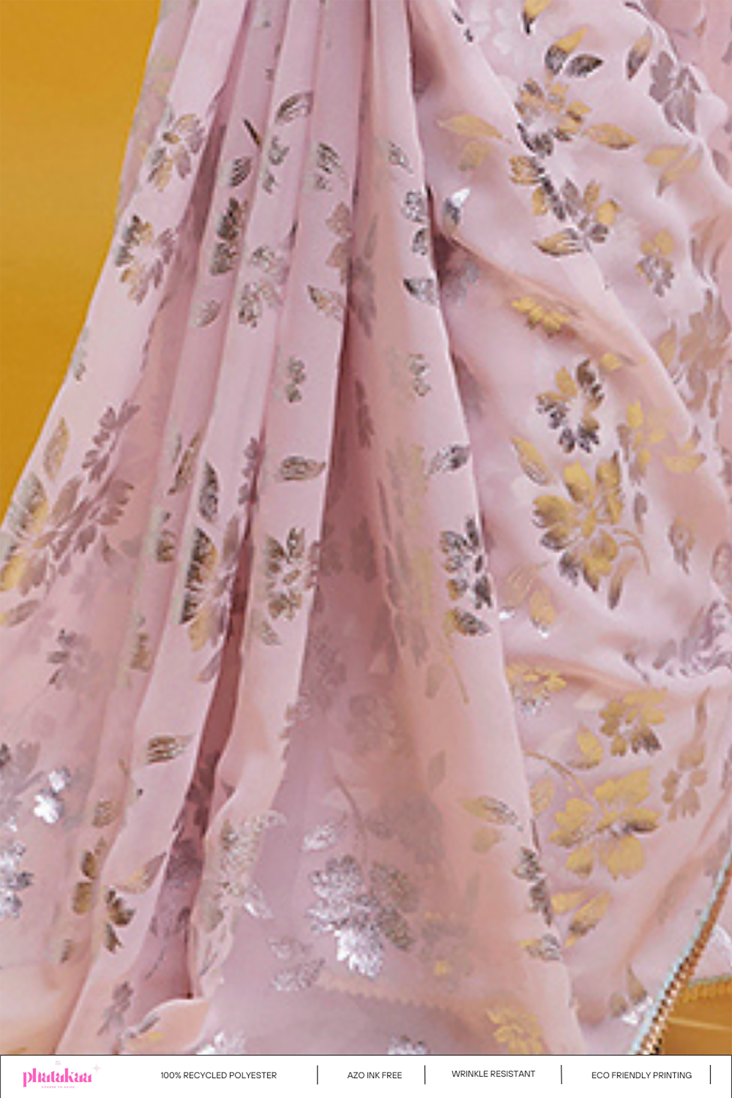 Baby Pink Georgette &amp; Recycled Polyester Barfi Saree Set