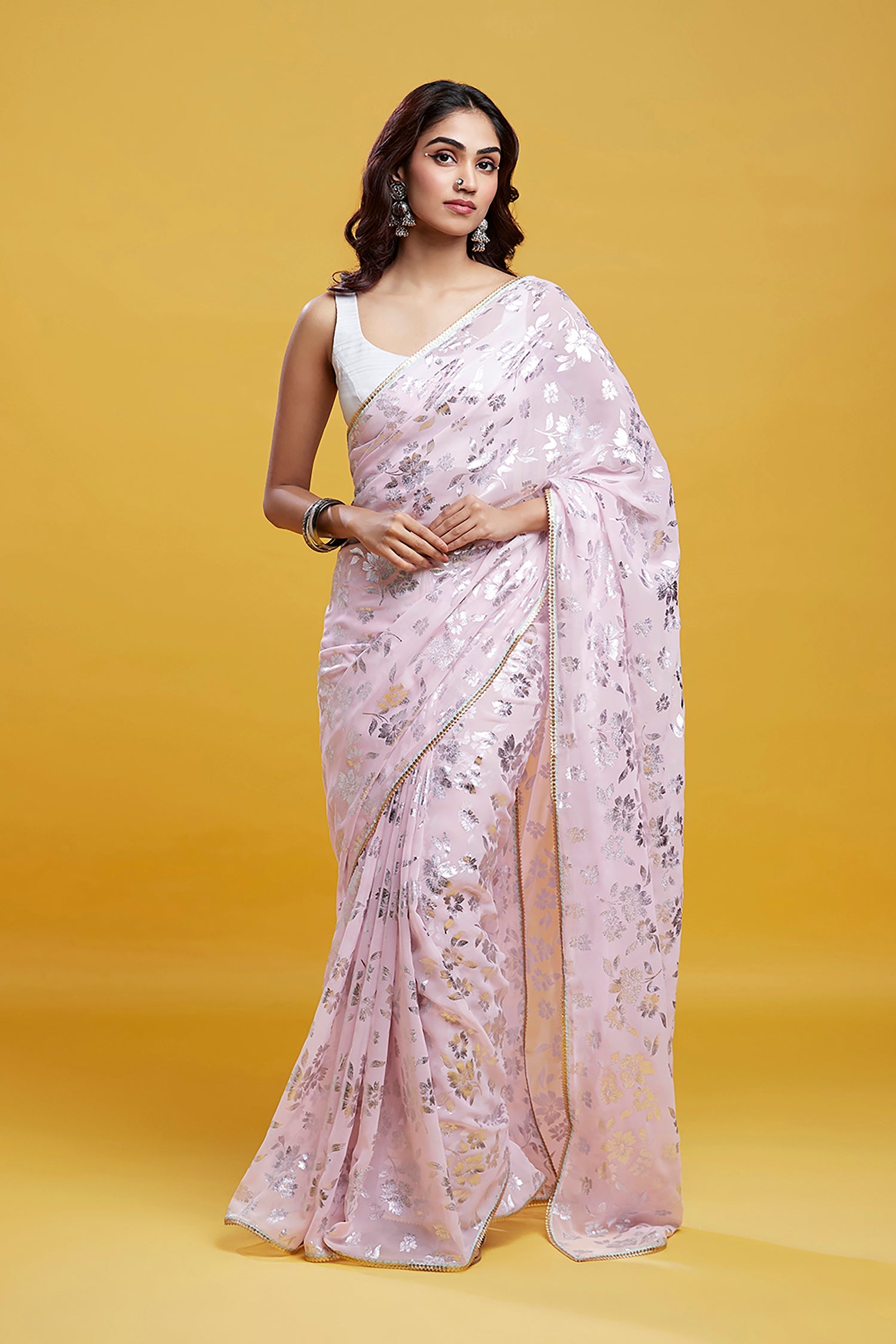 Baby Pink Georgette &amp; Recycled Polyester Barfi Saree Set