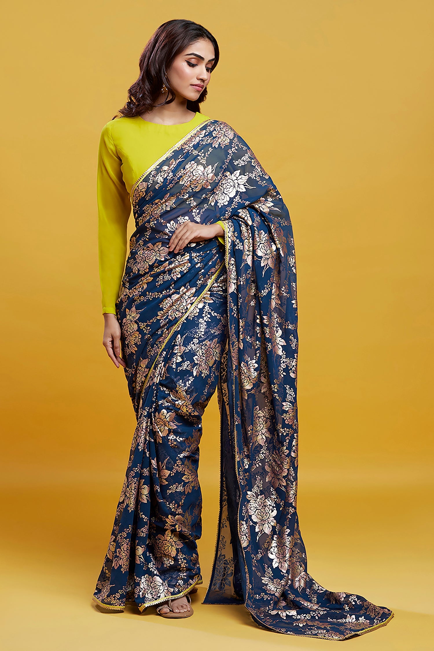 Navy Blue Georgette &amp; Recycled Polyester Barfi Saree Set